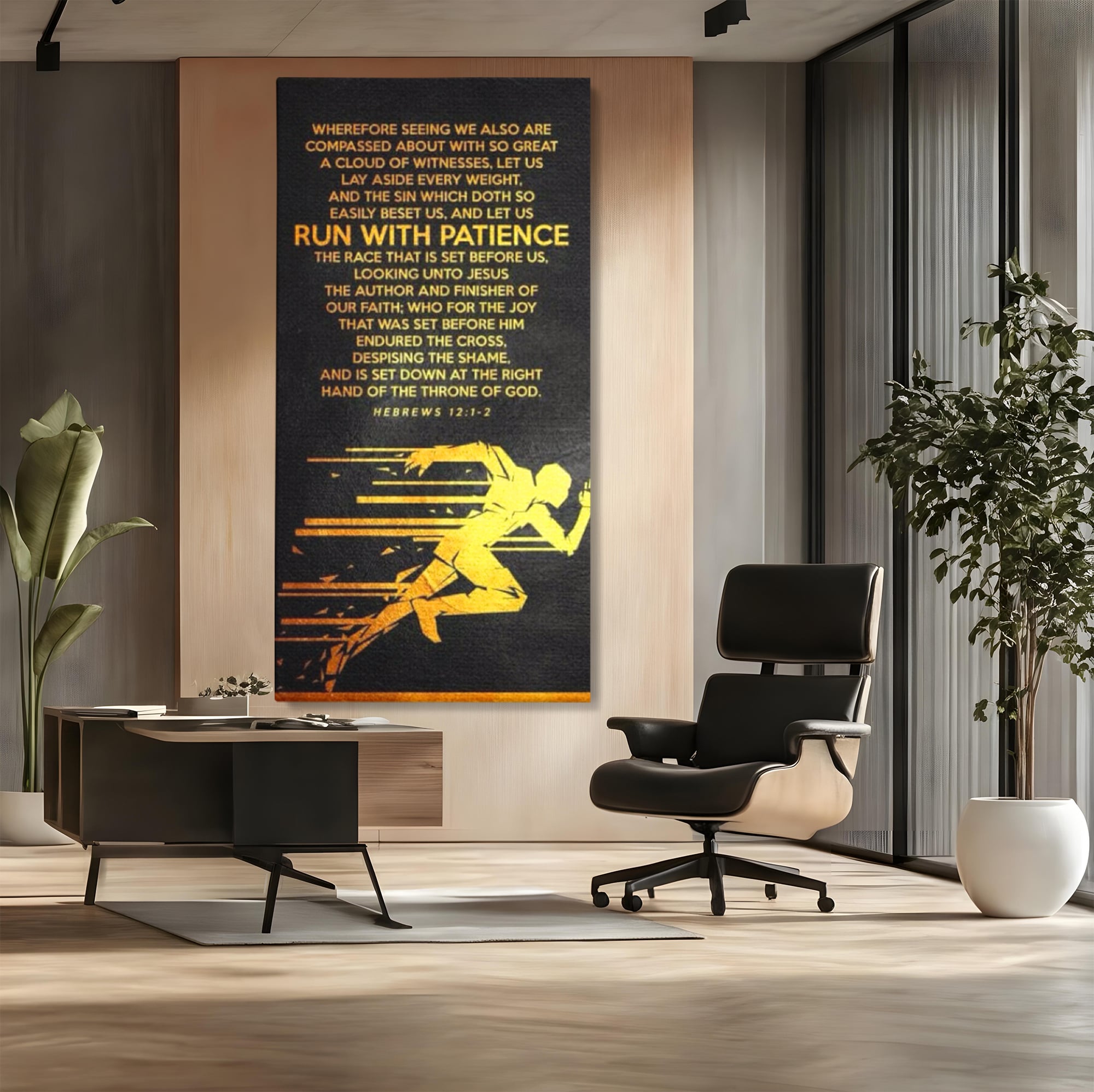 Tablou canvas cu tablou canvas cu alergator si verset biblic, fara rama, pe sasiu de lemn, pe perete intr-un birou